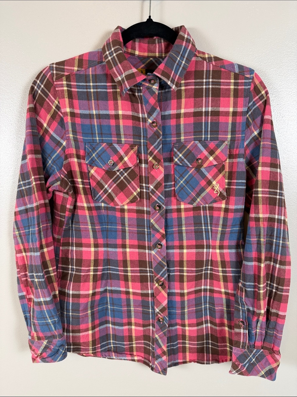 Women’s Pink Plaid Button-Down Shirt with Chest Pockets